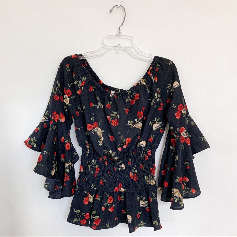 Timing Black Floral Print Smocked Waist Off Shoulder Ruffle Sleeve Peplum Top - Picture 3 of 5